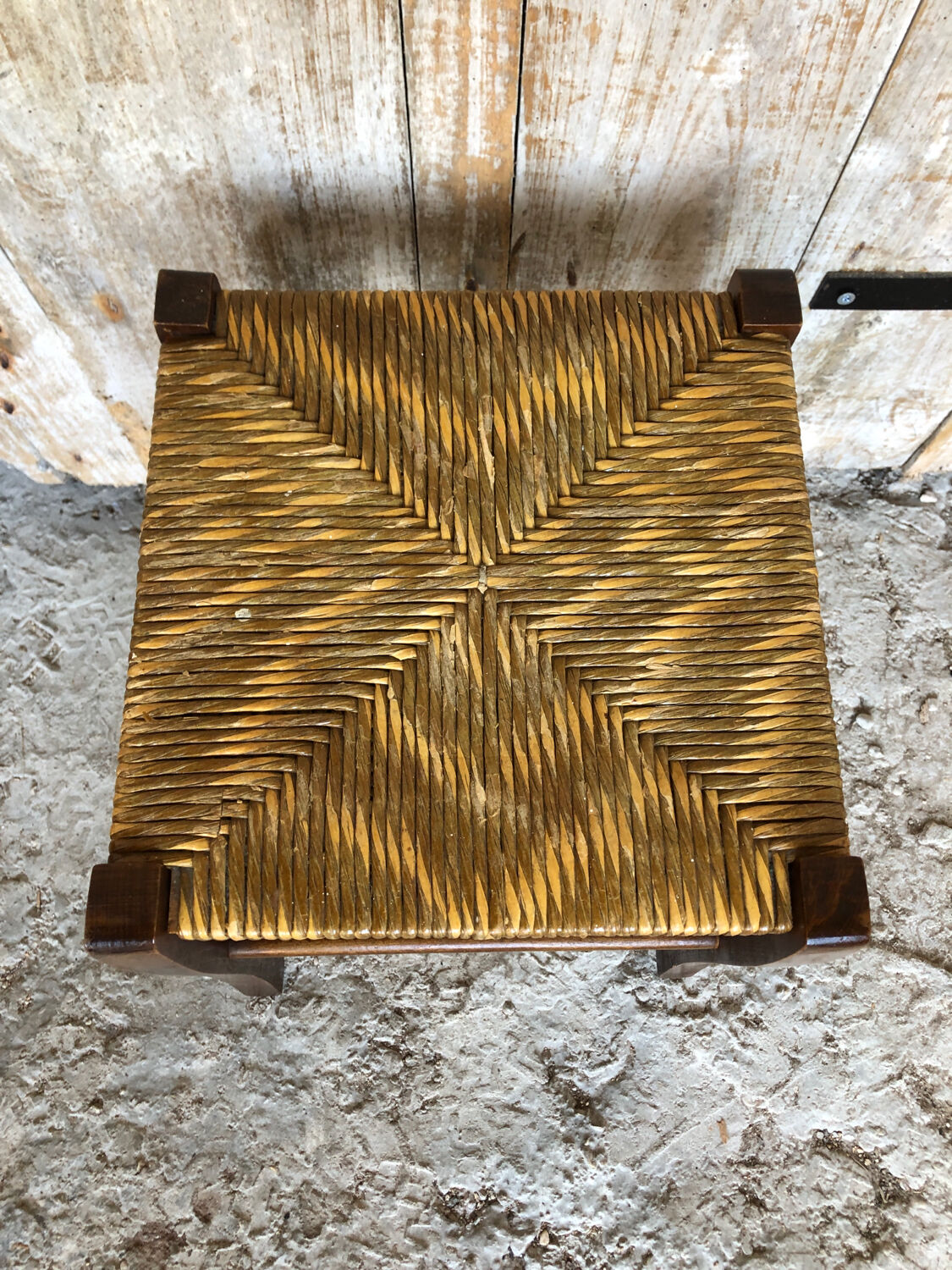 Wooden stool + vintage woven straw seat