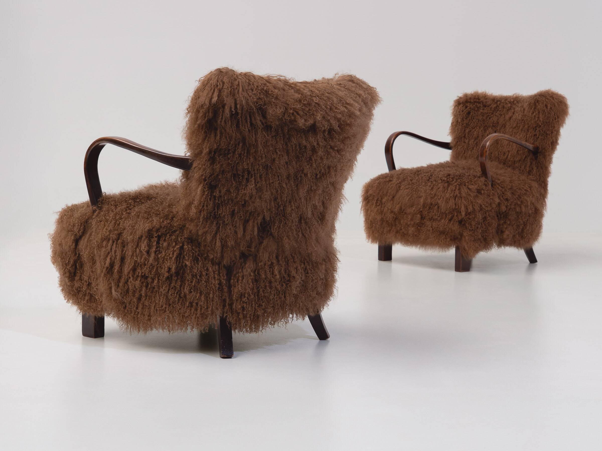 Caramel Scandinavian Art Deco Armchairs in Mongolian Sheepskin, 1950s