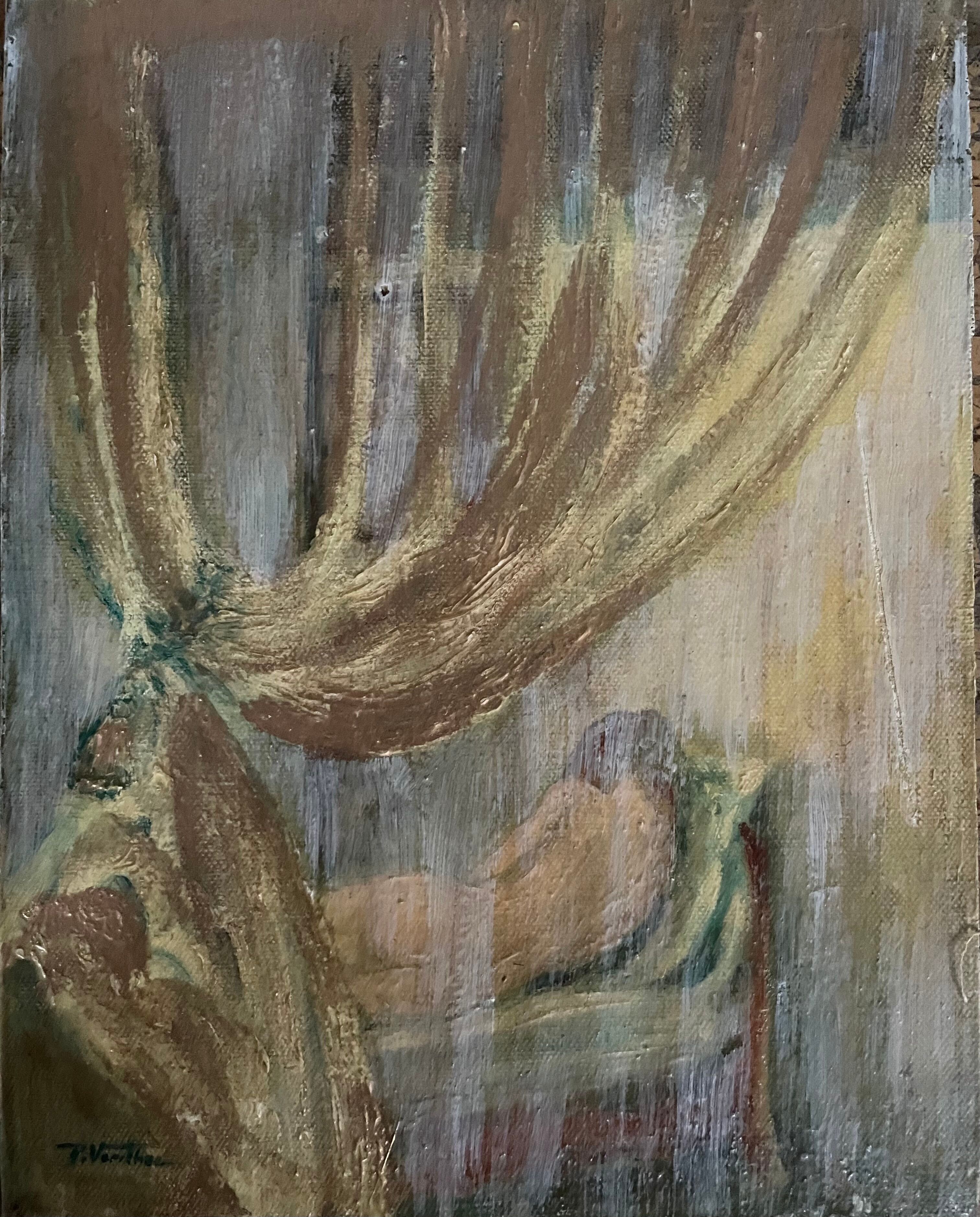 Oil on canvas signed female nude the curtain