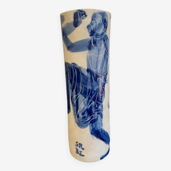 Silvia radu (1935) biscuit vase with blue enameled decoration of dancers
