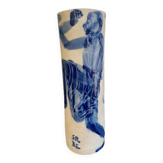 Silvia radu (1935) biscuit vase with blue enameled decoration of dancers