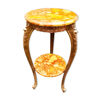 Bronze tripod pedestal table, with two removable multi-colored marble tops