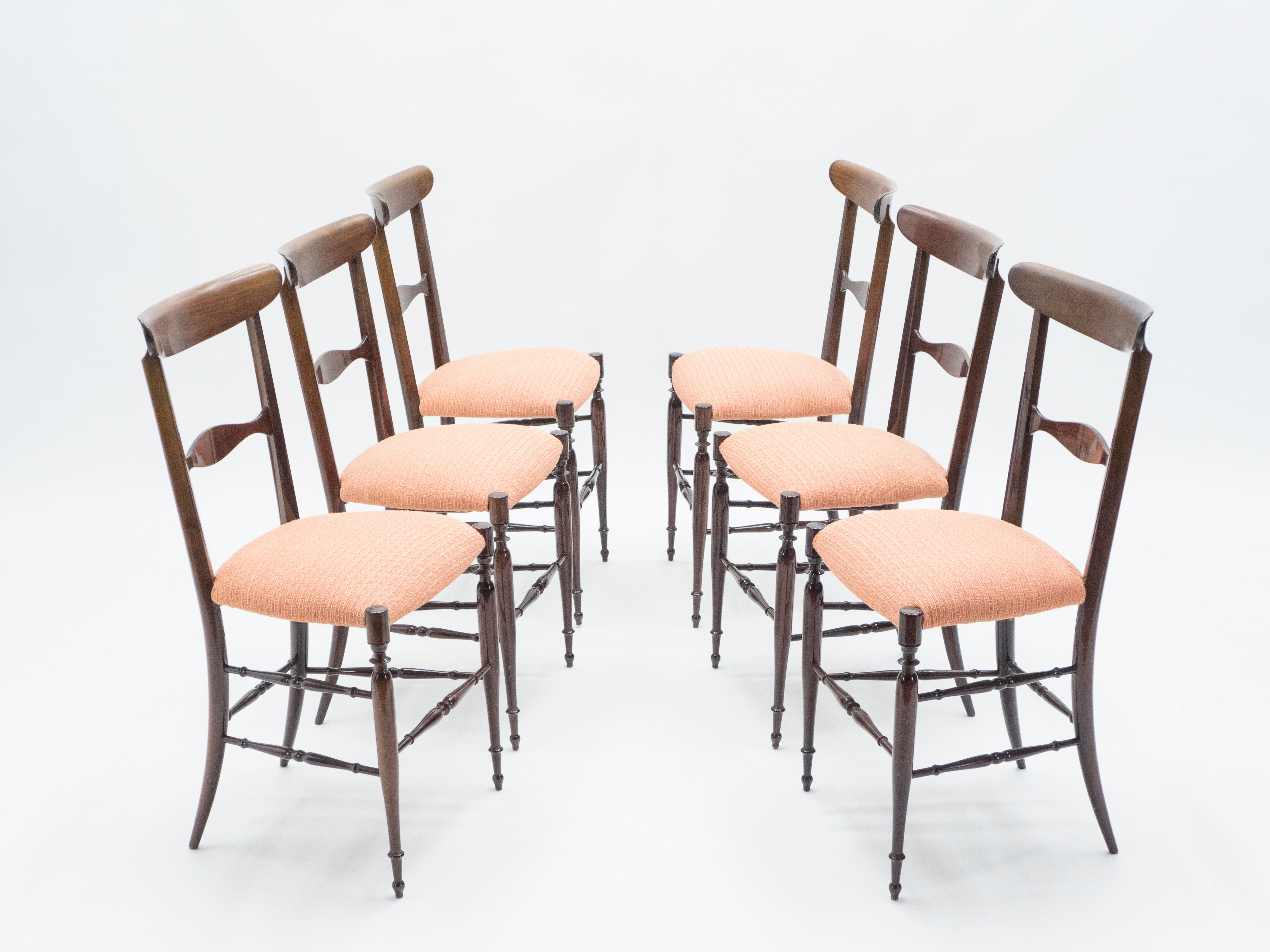 Rare Set of 6 chairs Campanino Chiavari walnut by Fratelli Levaggi 1950