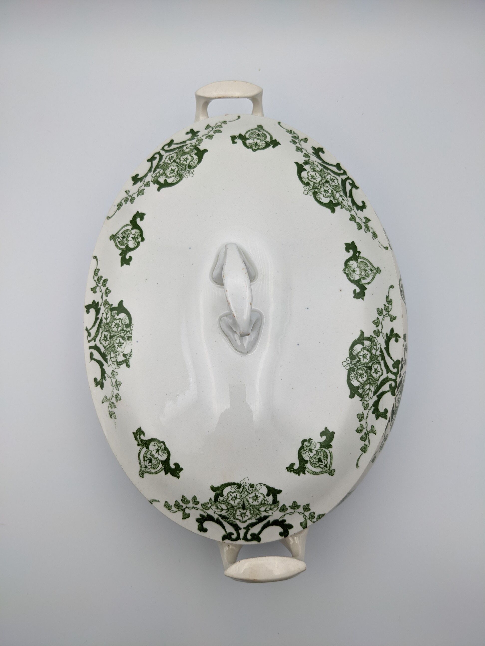 vegetable serving dish tureen earthenware English floral green decoration