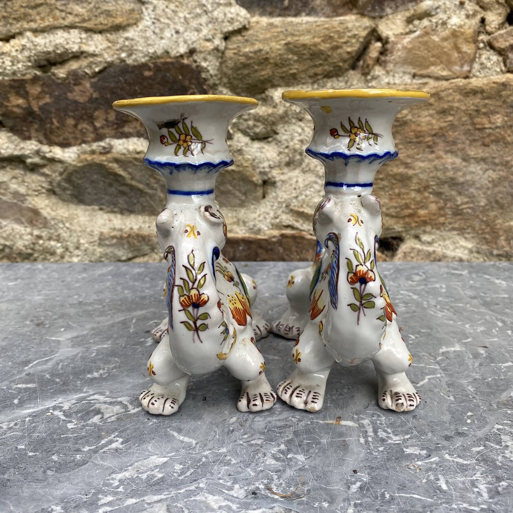 Pair of dragon candlesticks in Desvres earthenware, Rouen