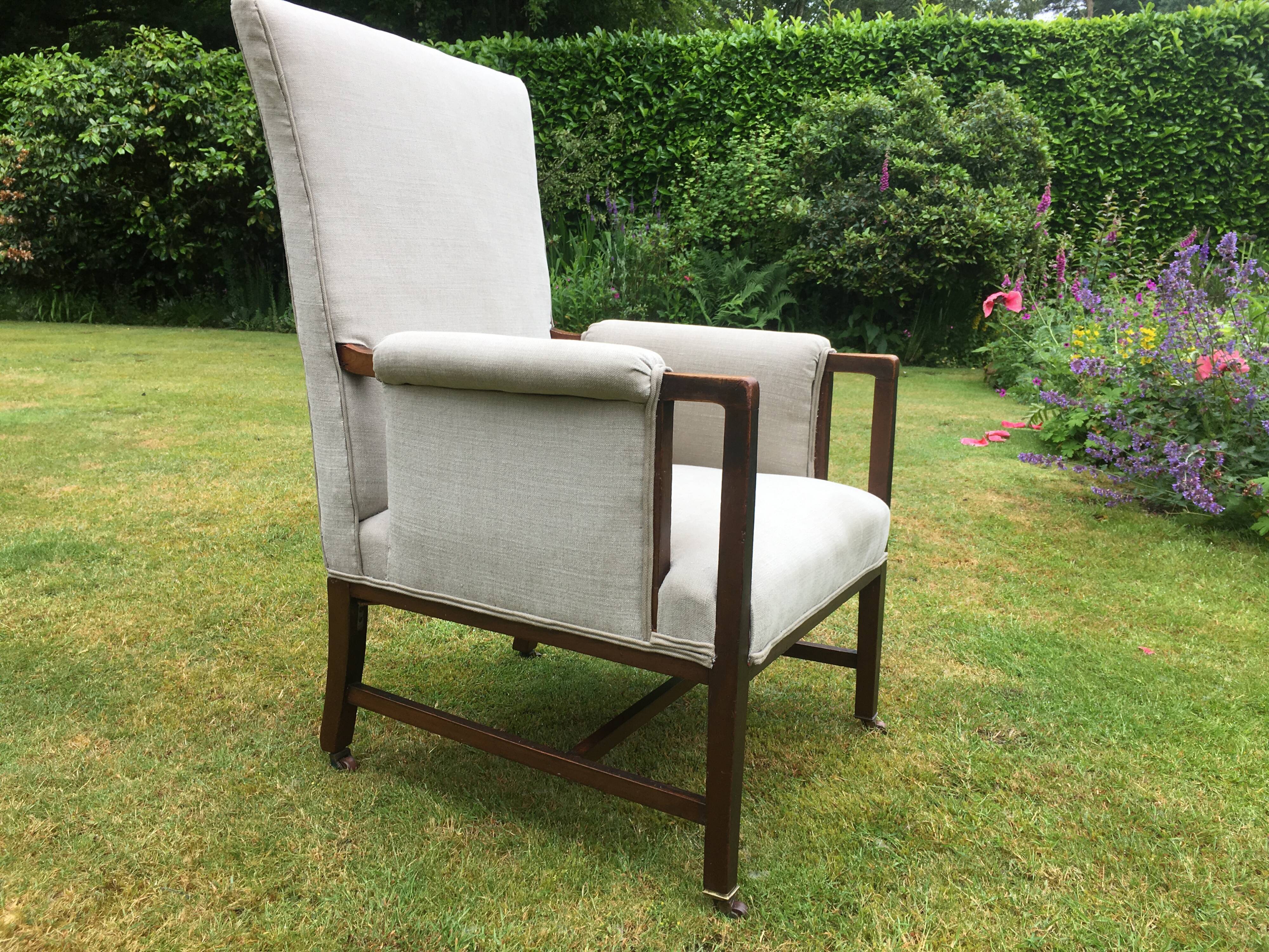 Vintage Antique Oak Reupholstered Armchair On Castors in Beige