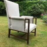 Vintage Antique Oak Reupholstered Armchair On Castors in Beige