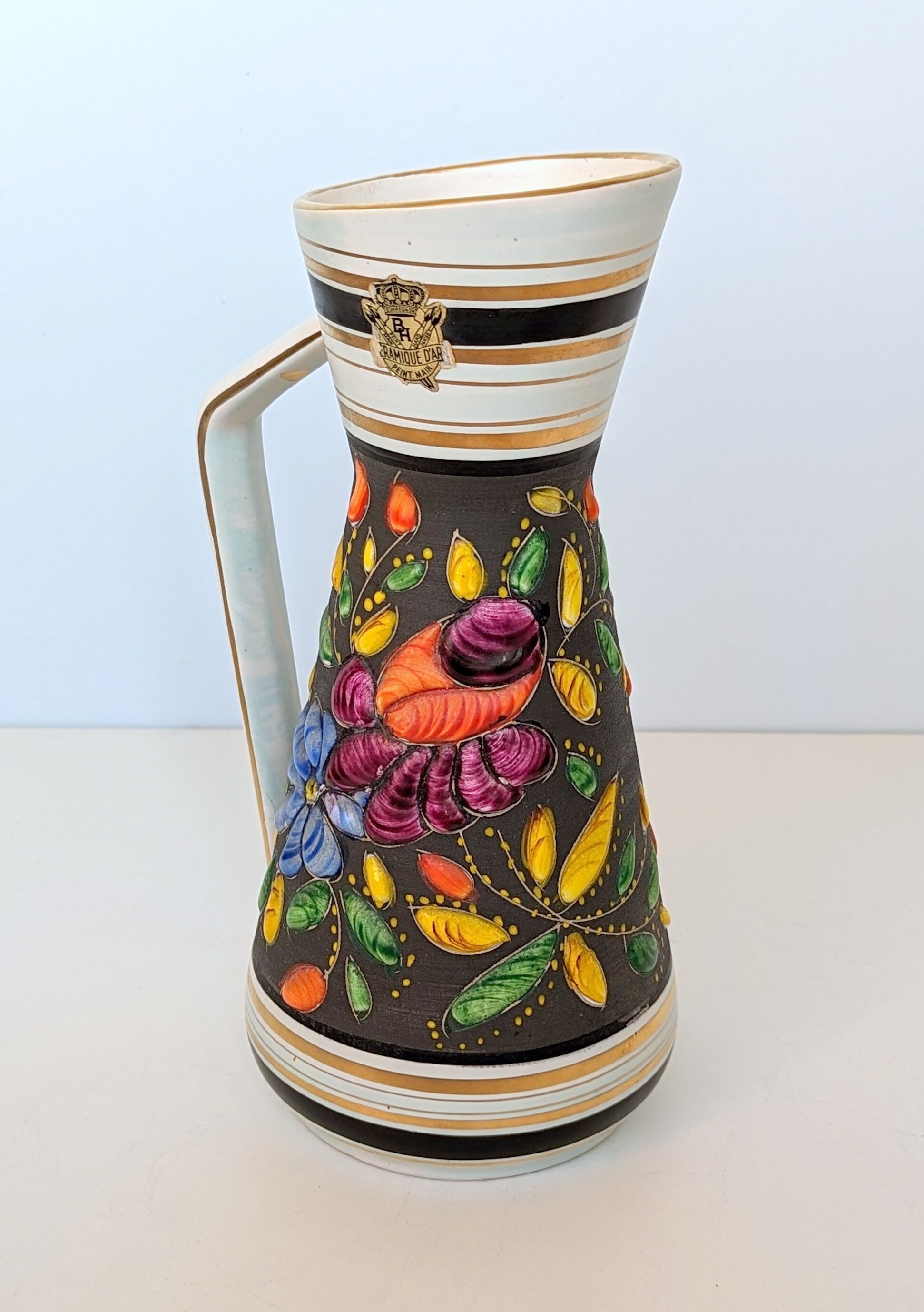 Vintage Henri Bequet Quaregnon hand painted ceramic vase (Belgium pottery 1960)