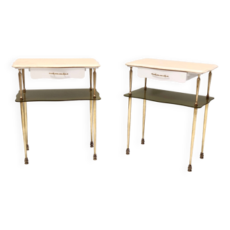 Pair of White Lacquered Nightstands with Marble Tops and Glass Shelves, Italy