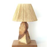 Brutalist sandstone lamp with raffia lampshade