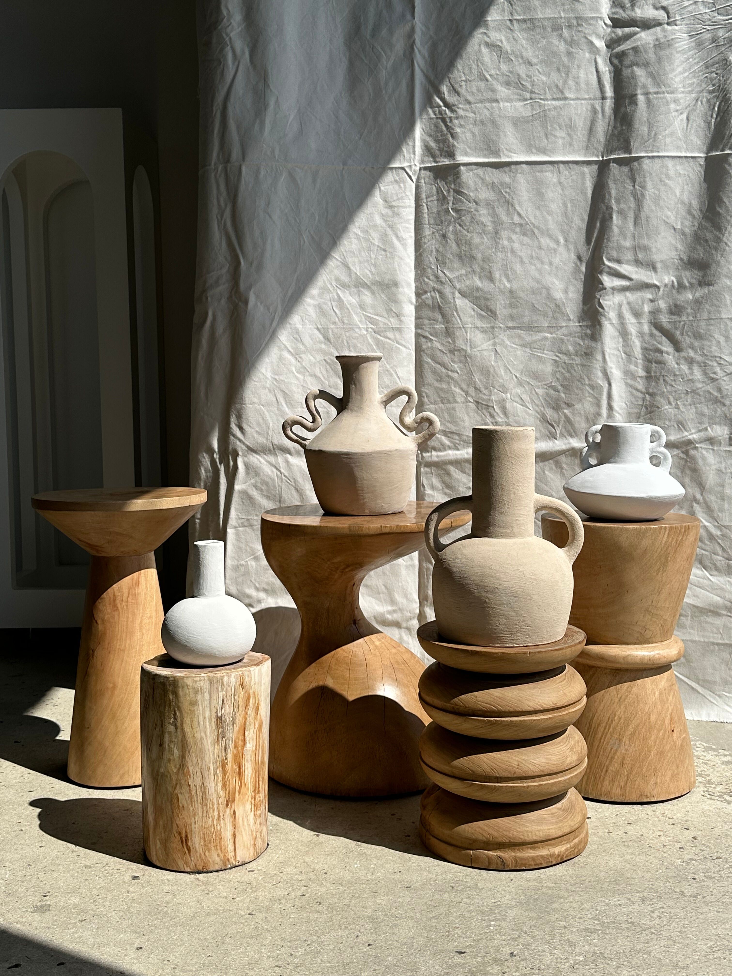 Handmade terracotta vase painted white with double handles H:16 D:20