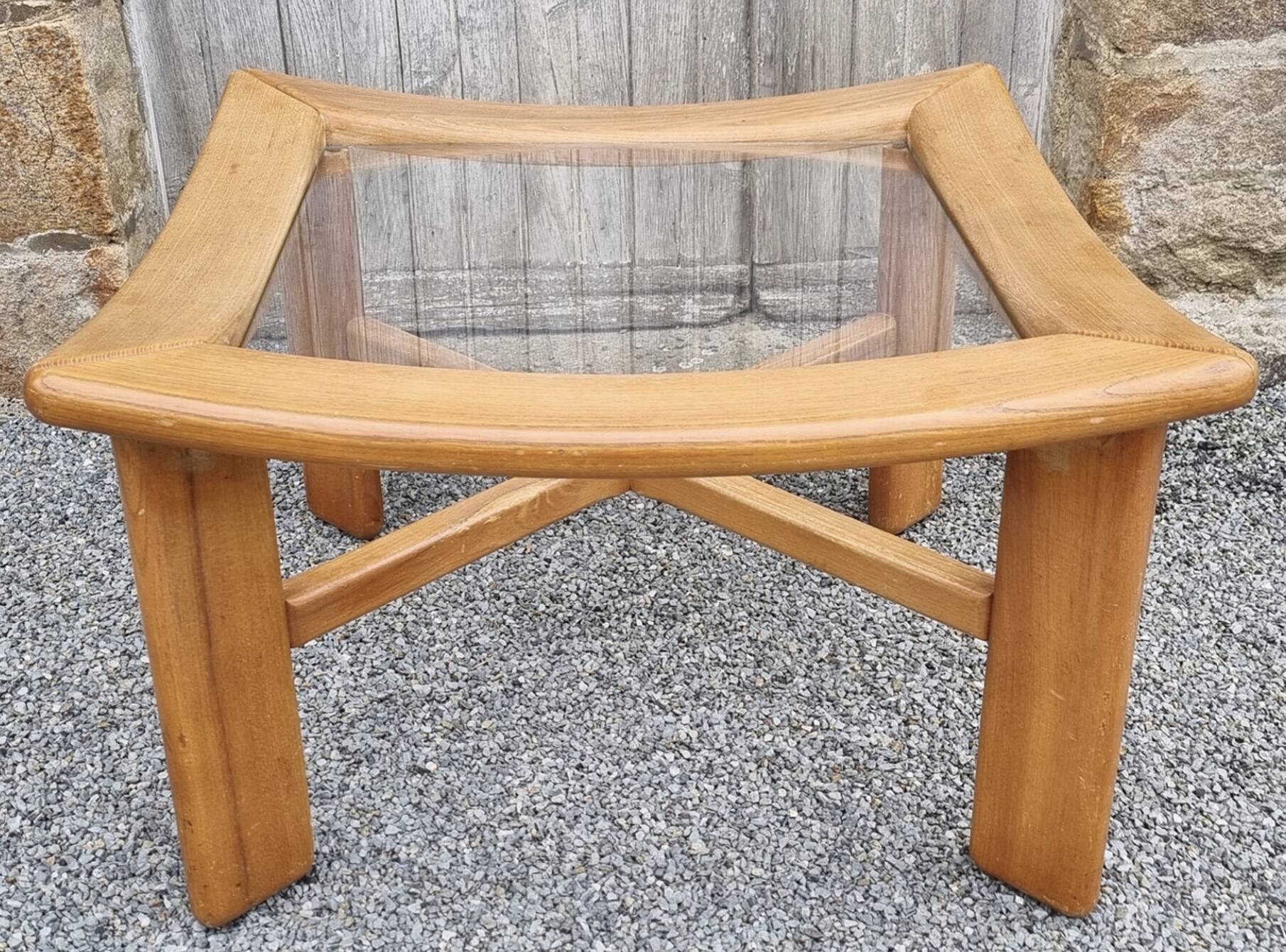 Scandinavian design coffee table, solid wood and glass, vintage, 70s