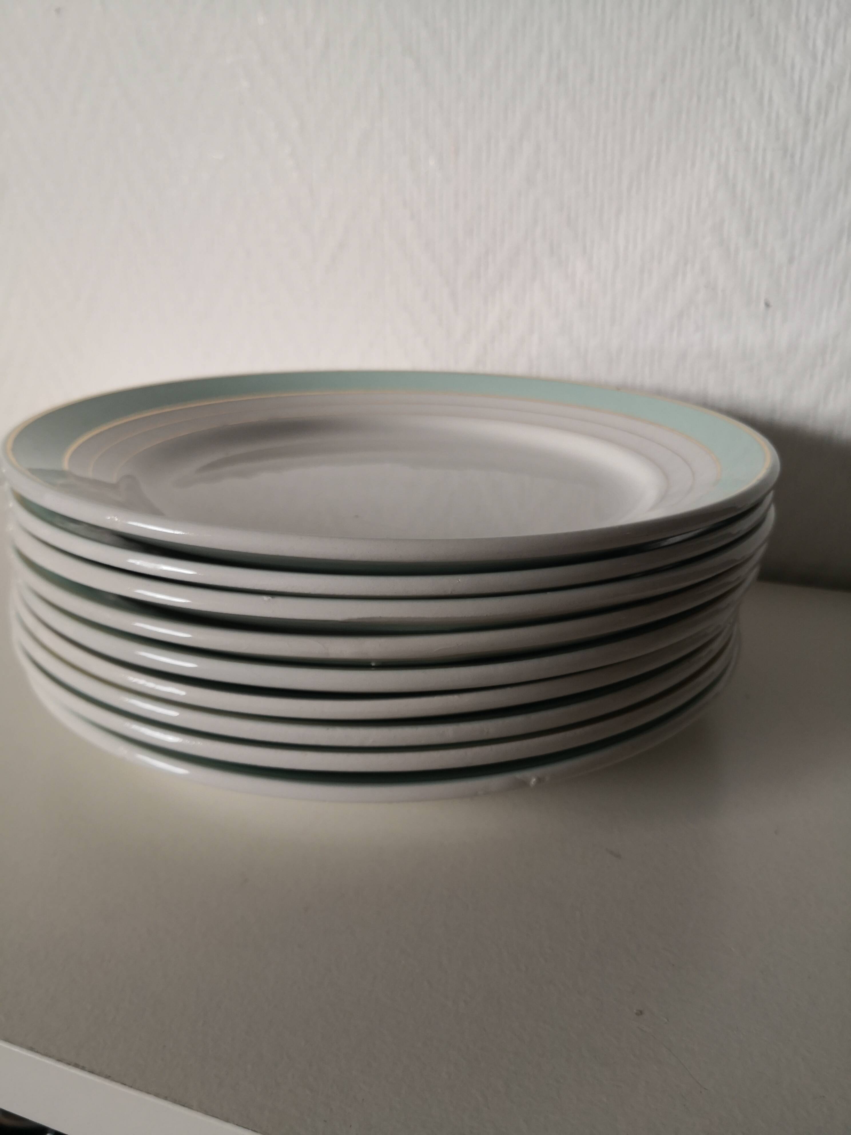set of 9 green, white and gold Luneville plates