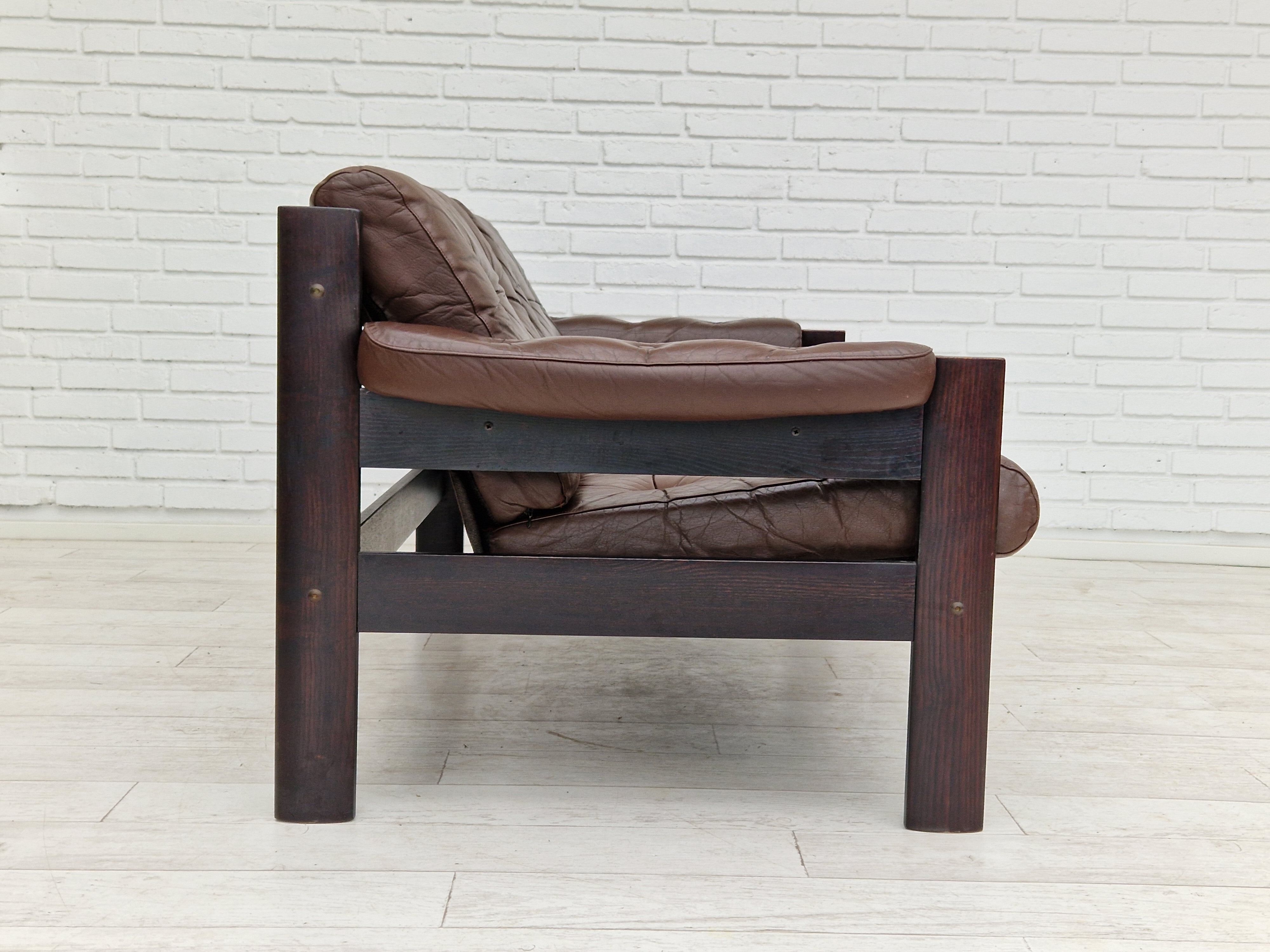 Scandinavian 2-seater sofa, original brown leather, 70s