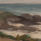 Oil on canvas seaside beach 1930 golden frame