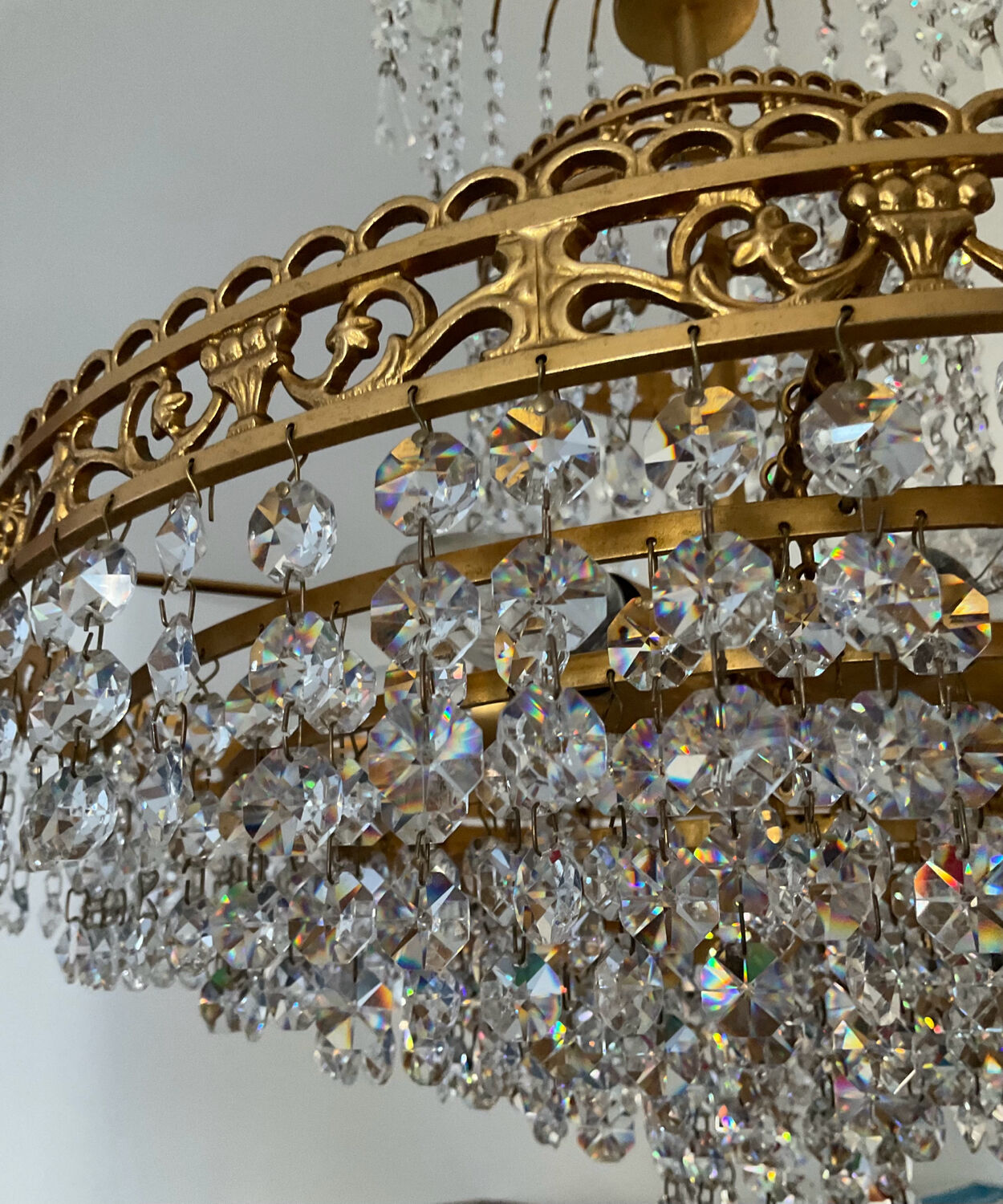 Cascade chandelier with crystal and bronze tassels