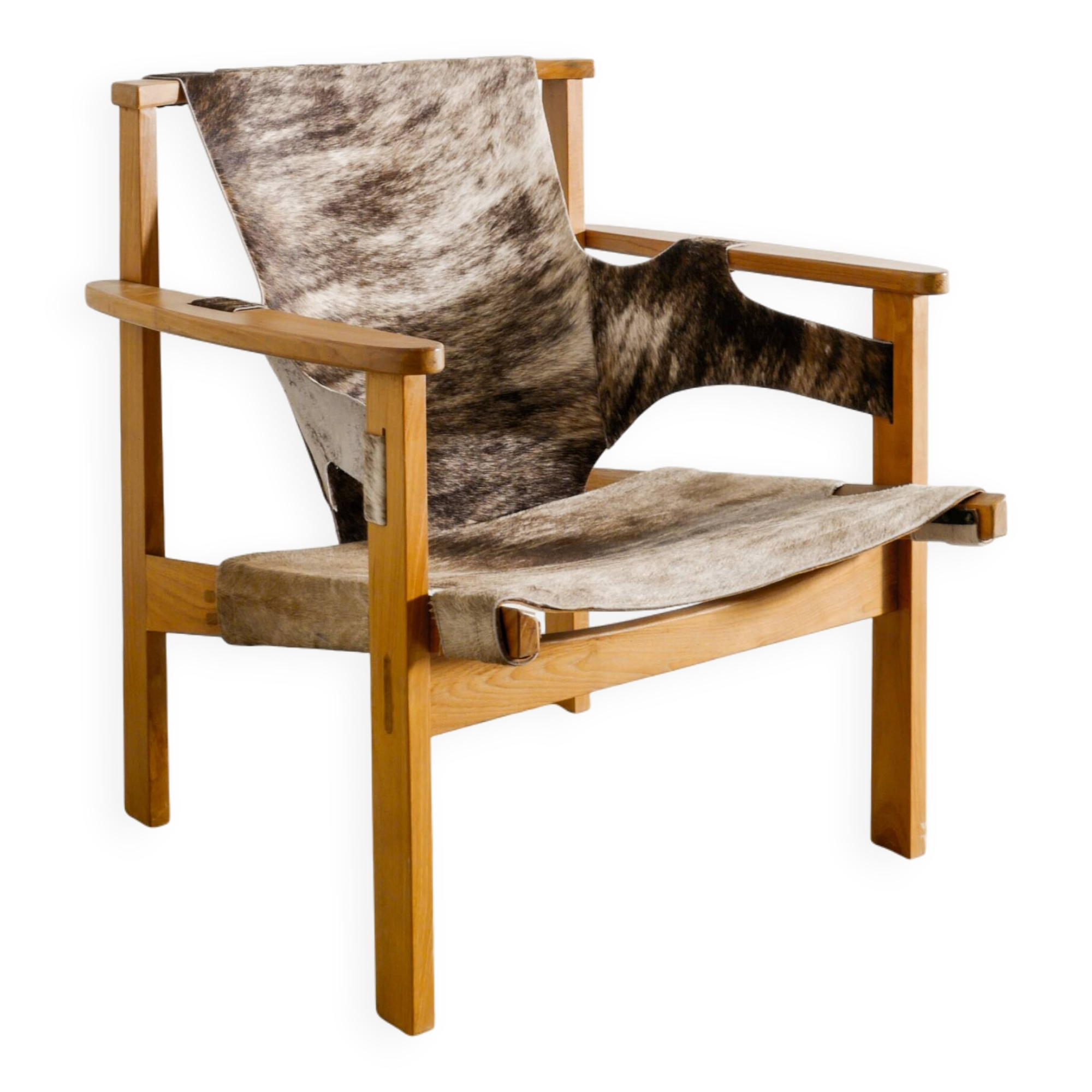 Vintage Swedish Carl-Axel Acking Wooden "Trienna" Armchair Cowhide, 1950s