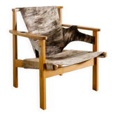 Vintage Swedish Carl-Axel Acking Wooden "Trienna" Armchair Cowhide, 1950s