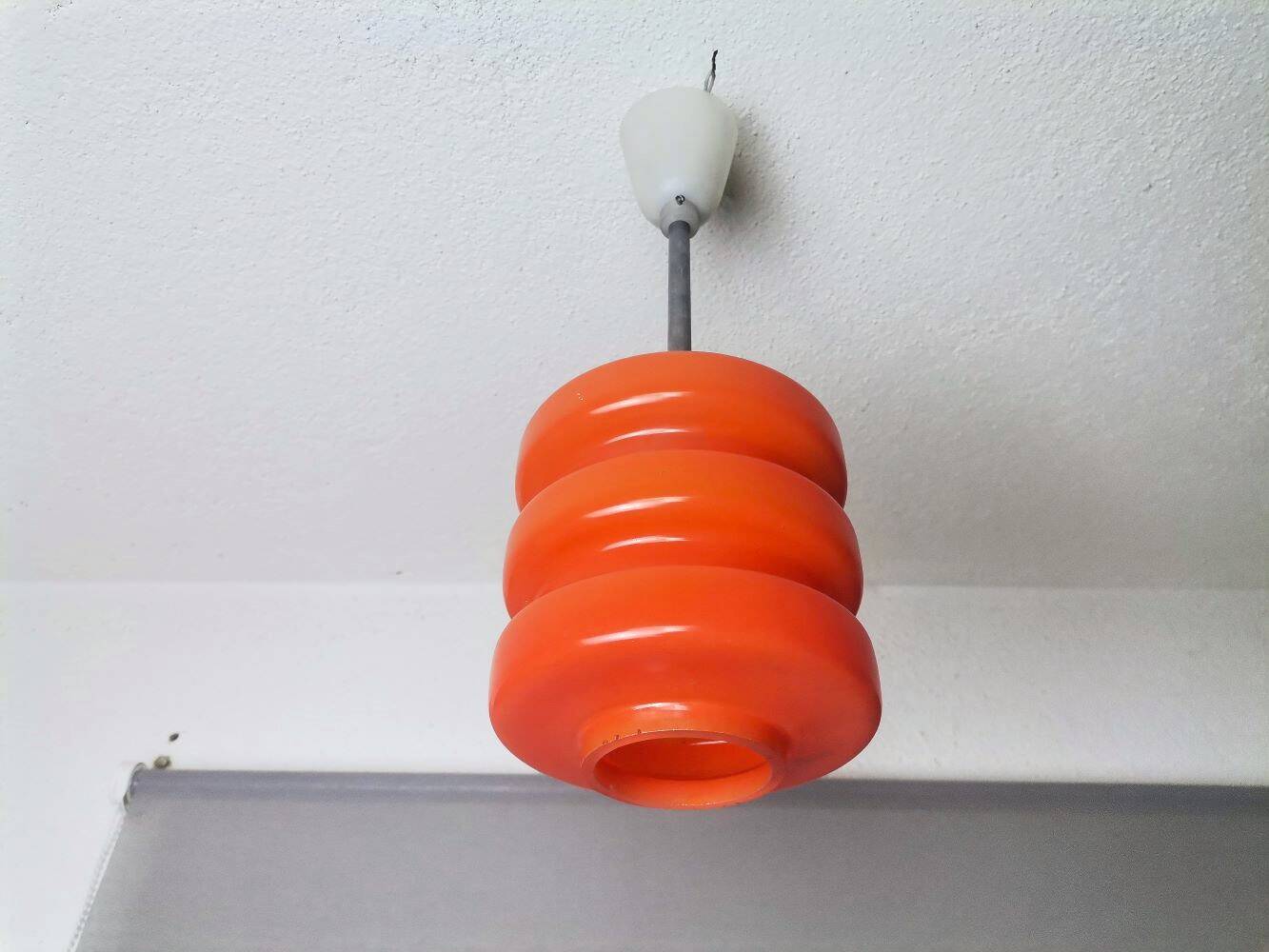 Pair Mid Century Modern MCM orange glass hanging lamps