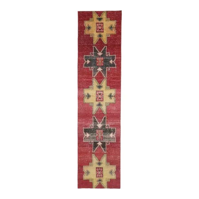 Vintage Turkish Oushak Handmade Wool Cotton Red Runner Rug 73x325