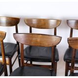 Ensemble de six chaises de table à manger de design danois en palissandre avec cuir noir