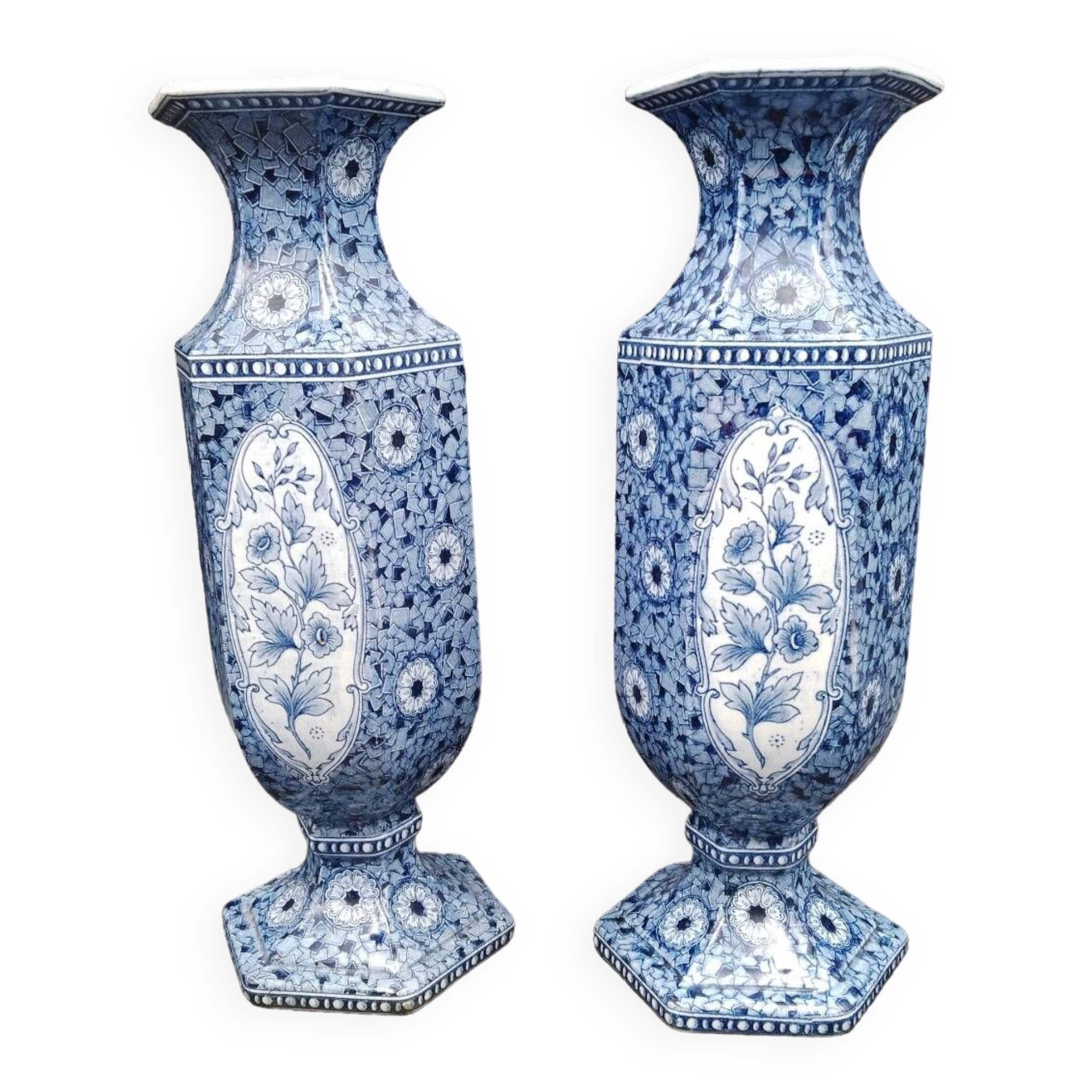 Antique 19th century Delft pair of hexagonal vases - Petrus Regout Maestricht