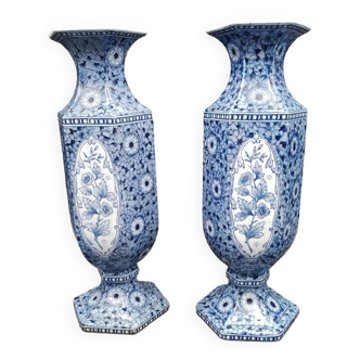 Antique 19th century Delft pair of hexagonal vases - Petrus Regout Maestricht