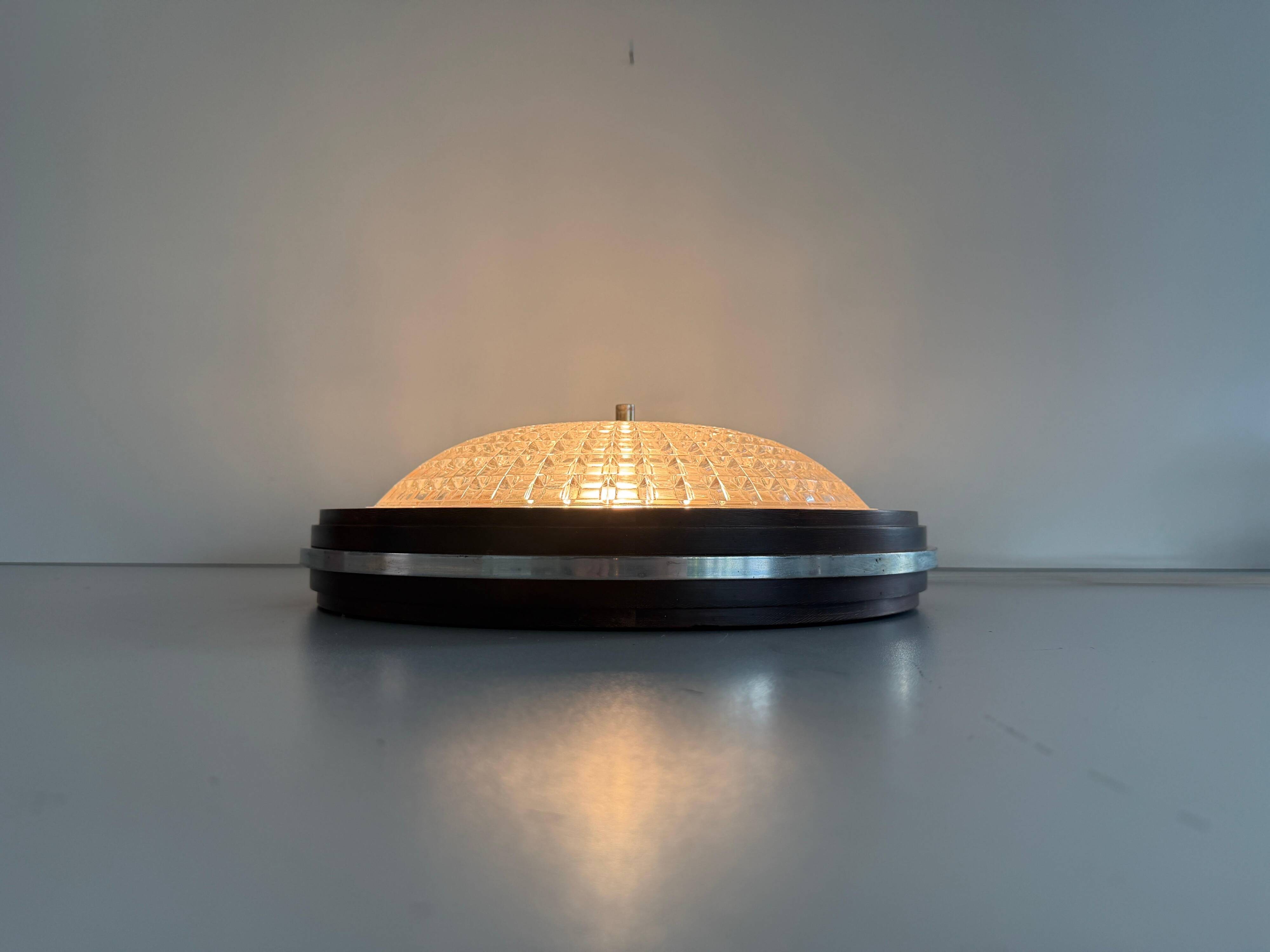 Flush mount in glass crystal and mahogany wood base, 1960s, Switzerland