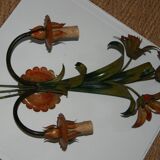 Pair of vintage floral wall sconces in Italian Florentine style metal.