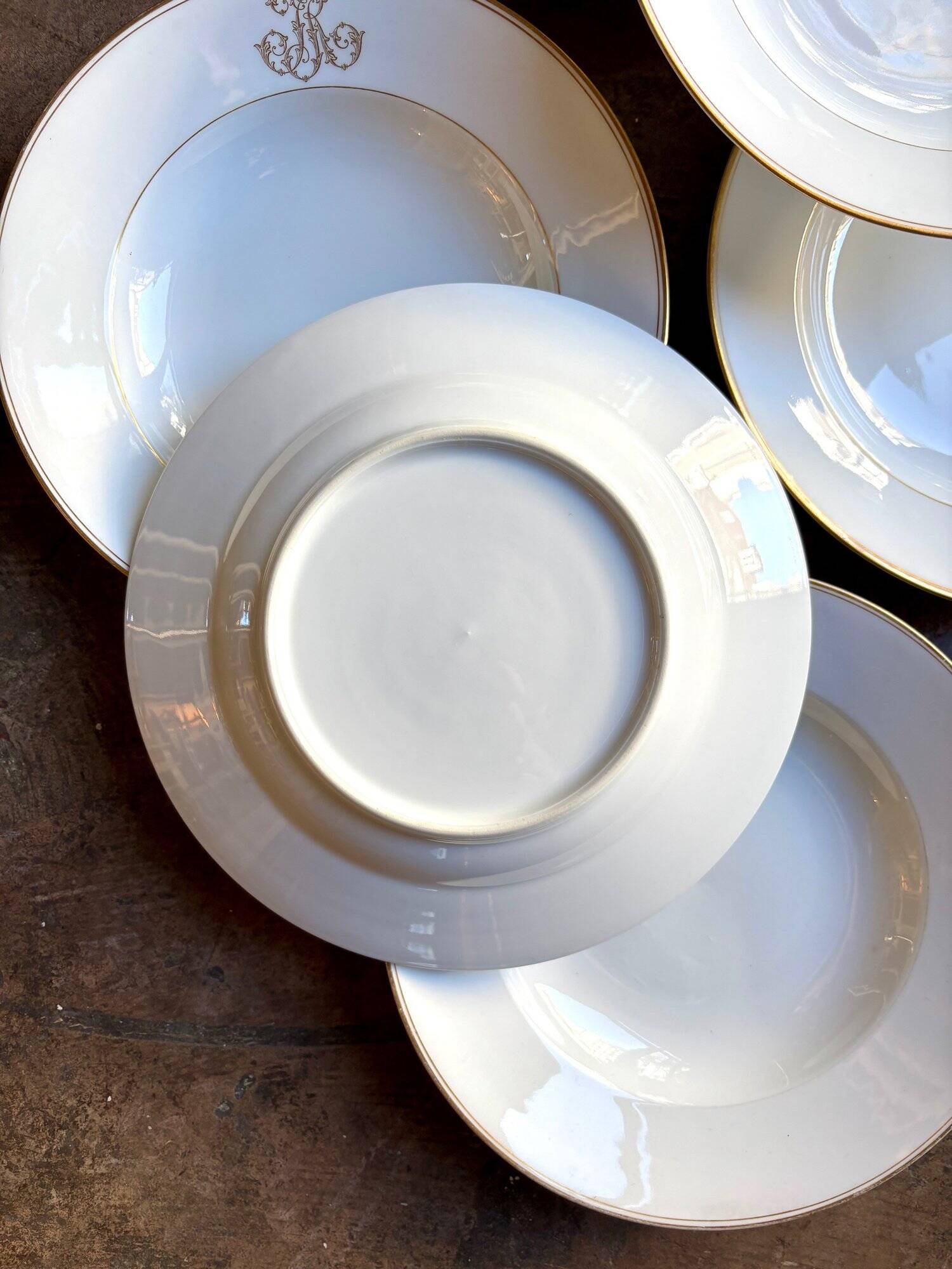 6 monogrammed Paris porcelain soup plates