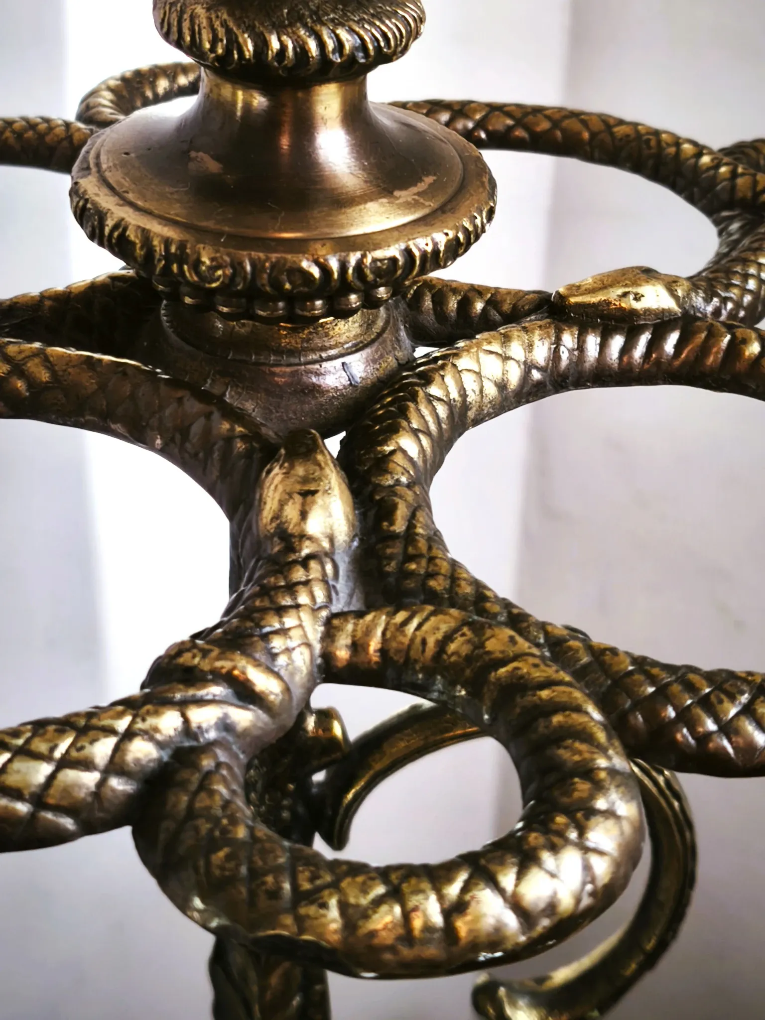 Italian brass umbrella stand, Art Nouveau style, with putti.