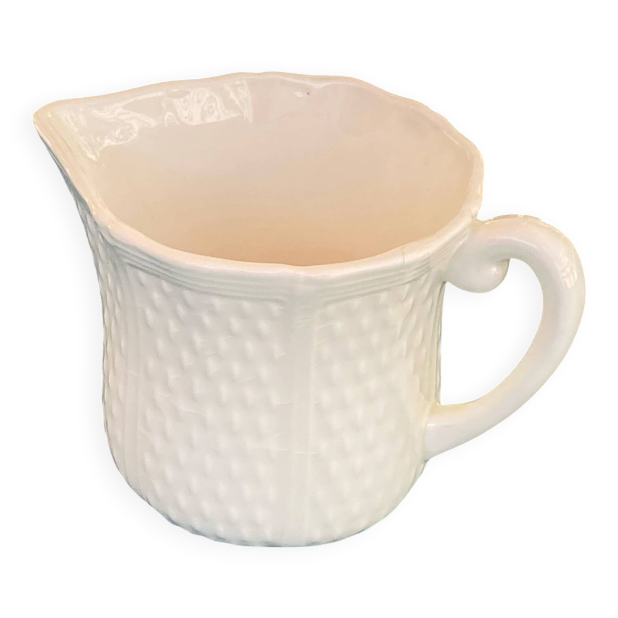 Gien earthenware milk jug/creamer with "Pont aux choux" (Cabbage Bridge) and "Grain de Riz" (Rice Grain) decoration
