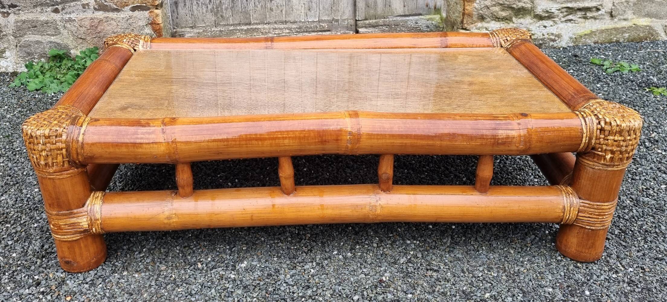 Bamboo, rattan and glass coffee table, 80s