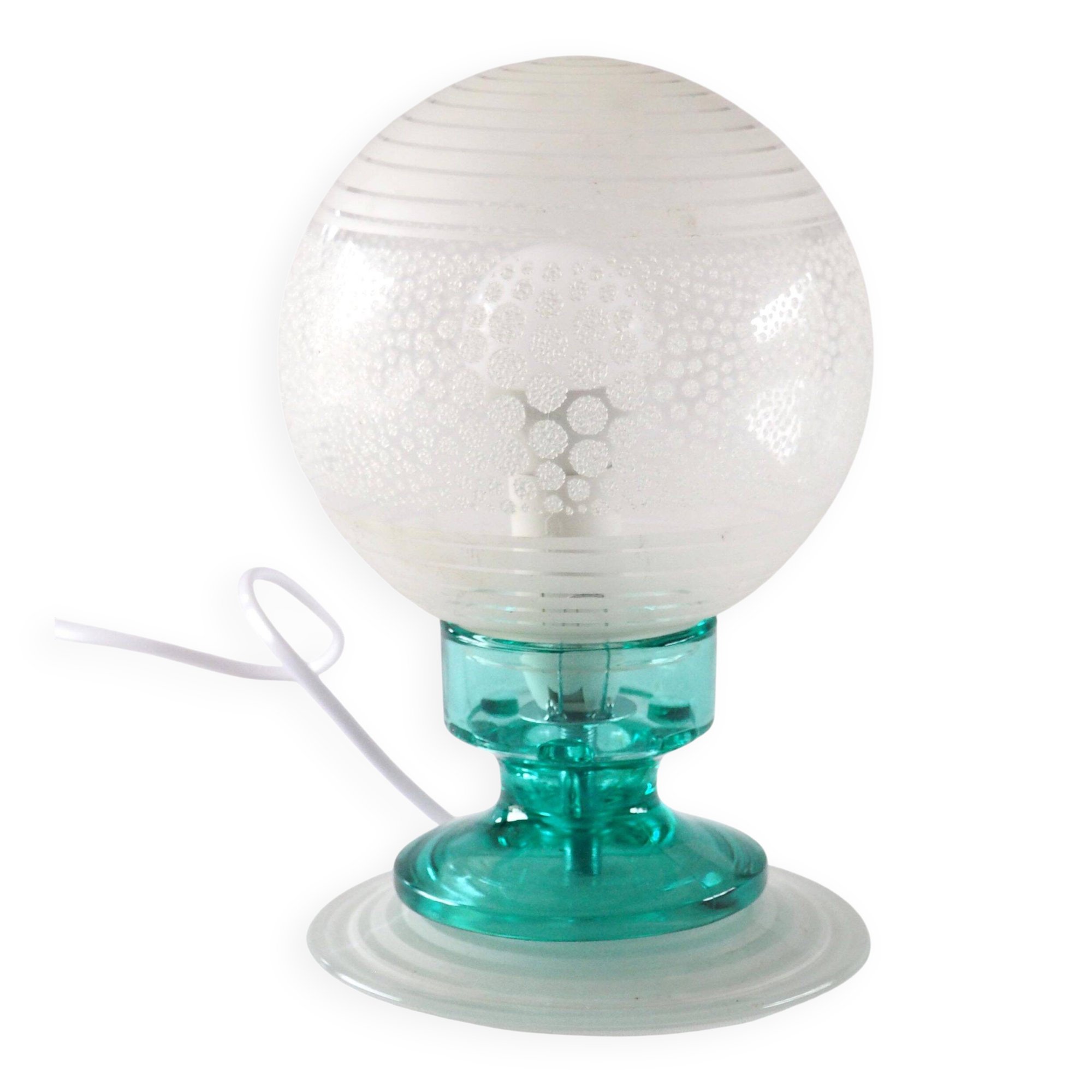 Frosted globe lamp and turquoise glass