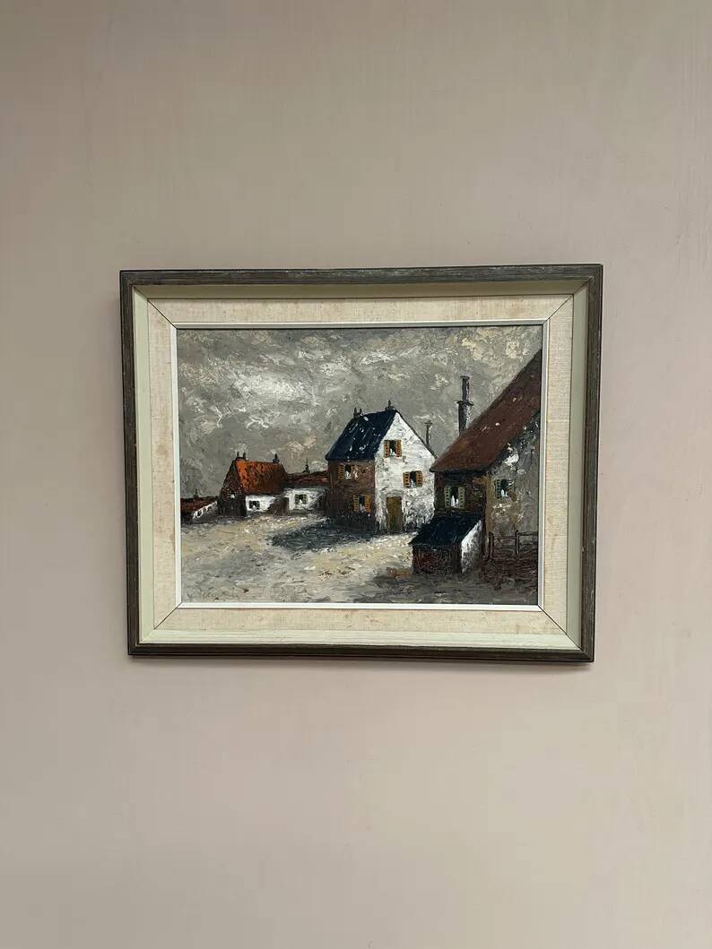 Original Swedish Oil on Canvas – "Houses", Unknown Author – Signed, Vintage and Framed – 61 x 51 cm (24 x 20 inches)