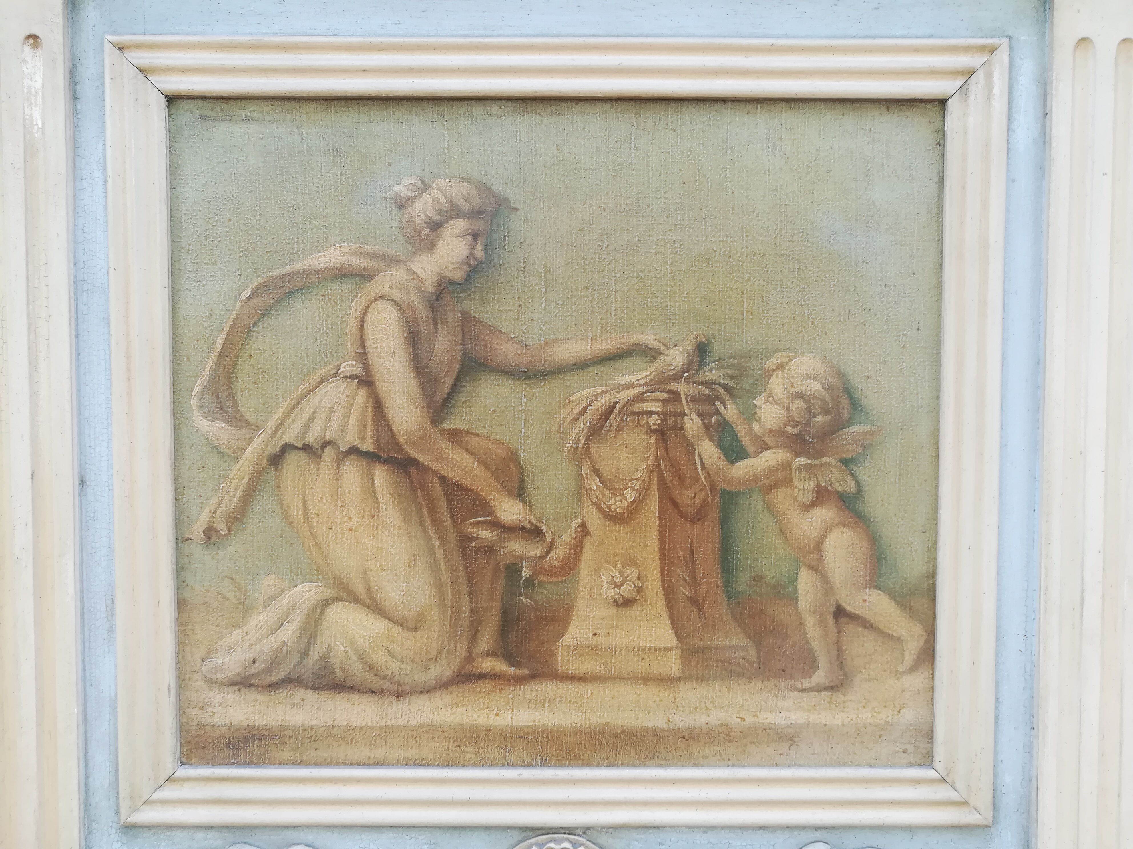 Miroir trumeau style Louis XVI en bois patiné