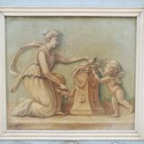 Louis XVI style trumeau mirror in patinated wood