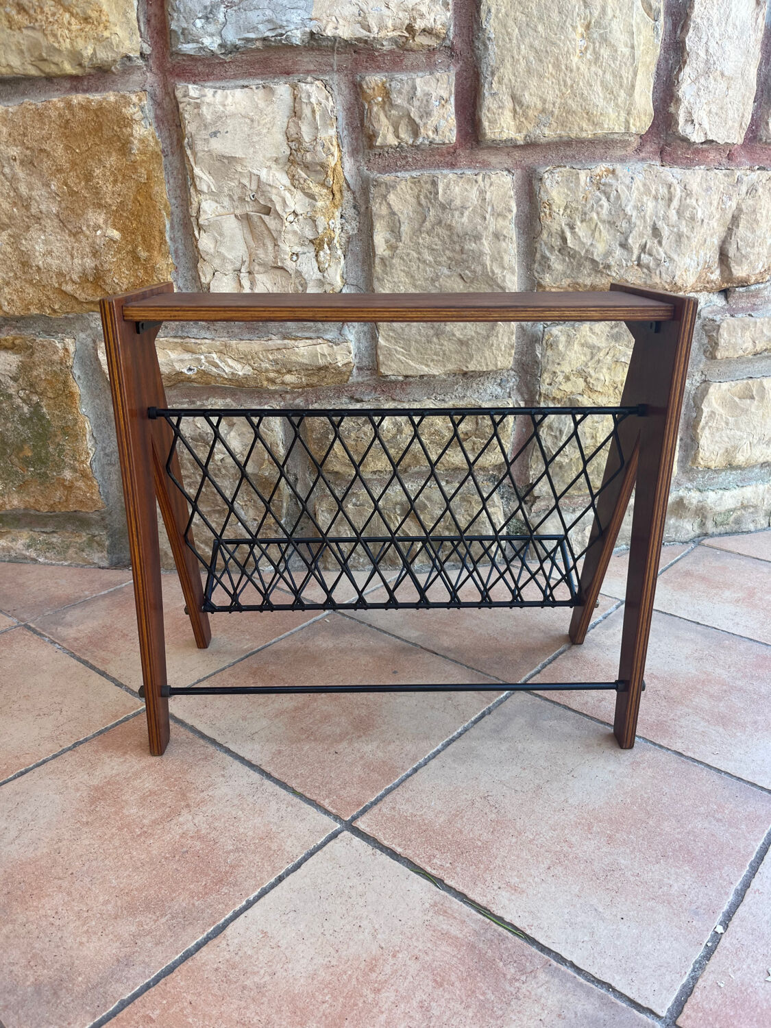 Scandinavian wood and steel magazine rack from the 60s