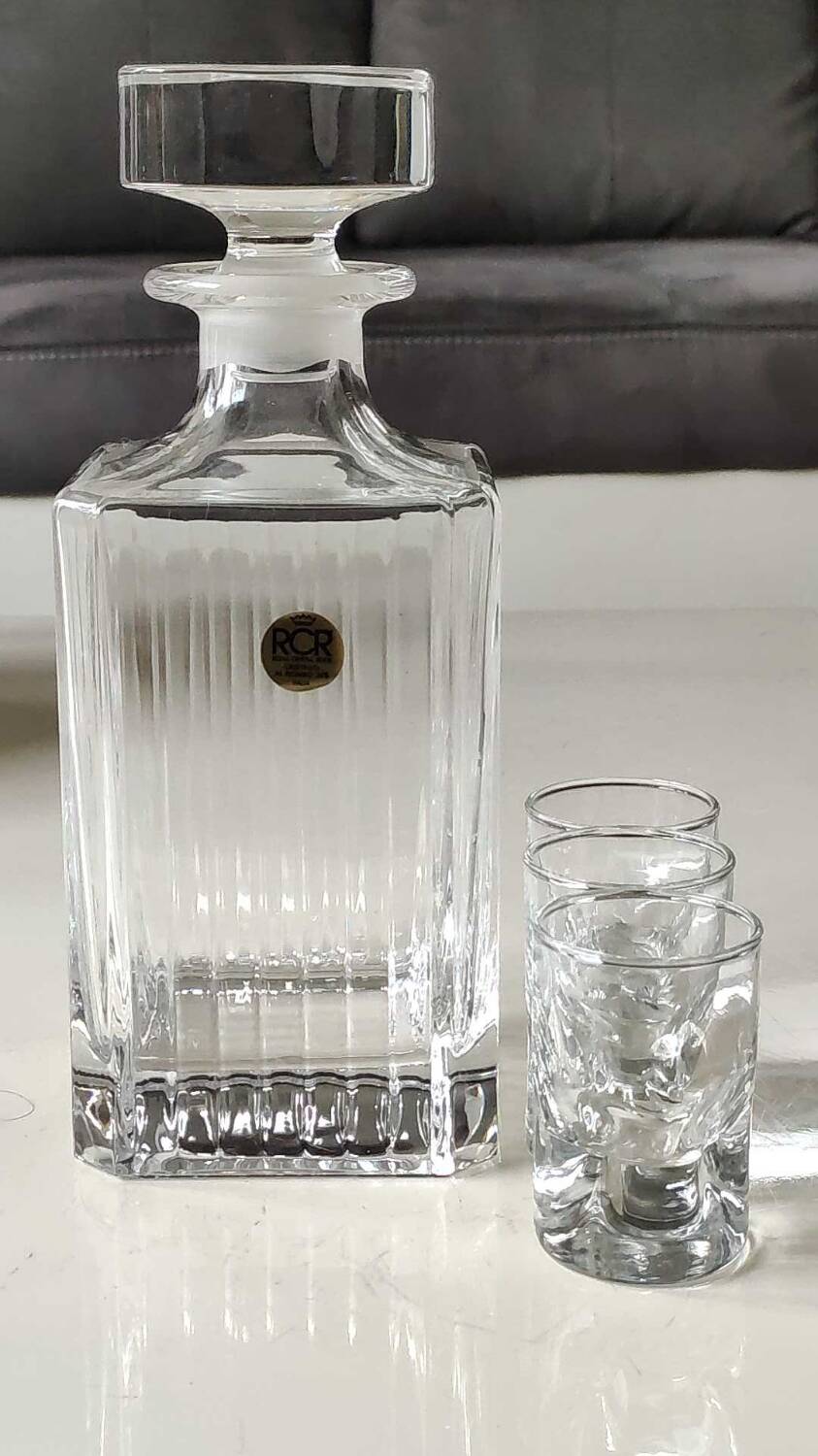 RCR/Royal Crystal Rock Square Whisky/Liqueur Decanter, Italy. Crystal. Diamond-striped/pointed patterns. Capacity 75 cl