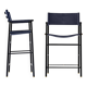 Pair of bar stools with navy blue backrest and metal frame.