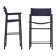 Pair of bar stools with navy blue backrest and metal frame.