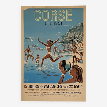 Affiche original Corse Eté 1951 Jours de Vacance par Hervé Baille - Petit Format - On linen