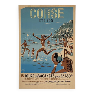 Affiche original Corse Eté 1951 Jours de Vacance par Hervé Baille - Petit Format - On linen