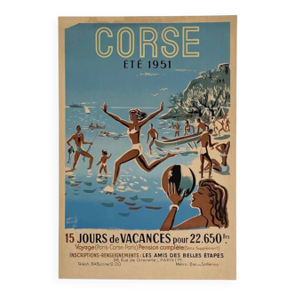 Original poster Corsica Summer 1951 Holiday Days by Hervé Baille - Small Format - On linen