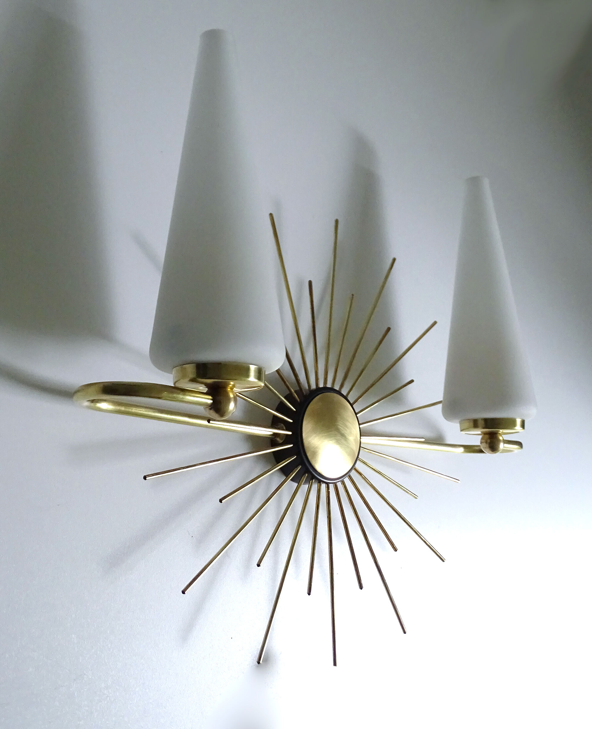 Pair of vintage sconces, sun, glass and brass, 60s