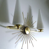 Pair of vintage sconces, sun, glass and brass, 60s