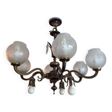 Lustre cage Louis XV en bronze massif et pampilles cristal - 9 lumiere