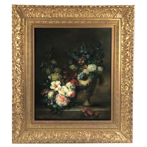 Tom Crowell, United Kingdom XXth, oil on panel "bouquet of flowers on entablature"
