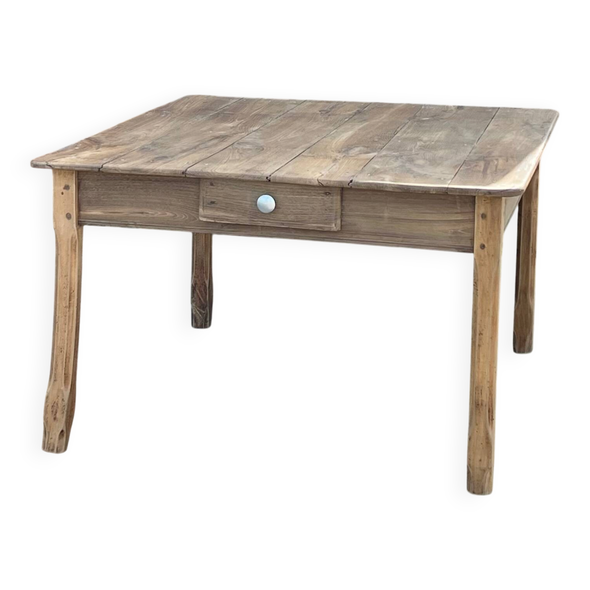 Large square antique farmhouse table in raw solid oak with 1 drawer.