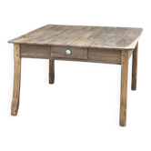 Large square antique farmhouse table in raw solid oak with 1 drawer.